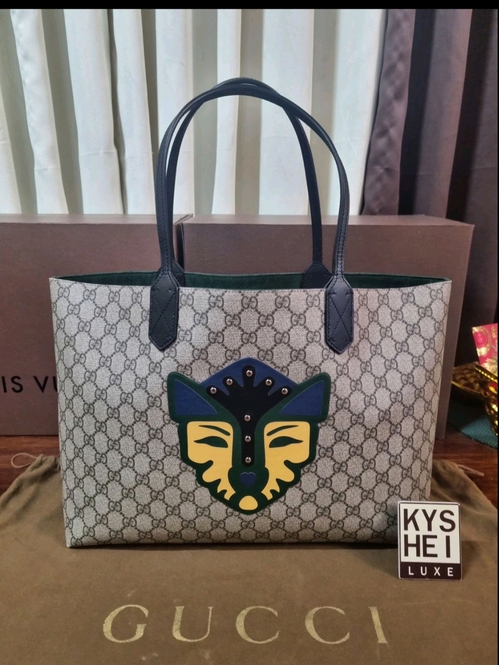 Gucci Beige GG Supreme Tote with Blue, Green & Yellow Mask Applique